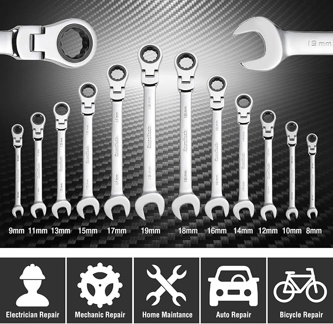 DURATECH Flex-Head Ratcheting Wrench Set, Metric, 12-piece, 8-19mm | 72 Tooth, CR-V Steel, Combination Wrench Set, Rolling Pouch