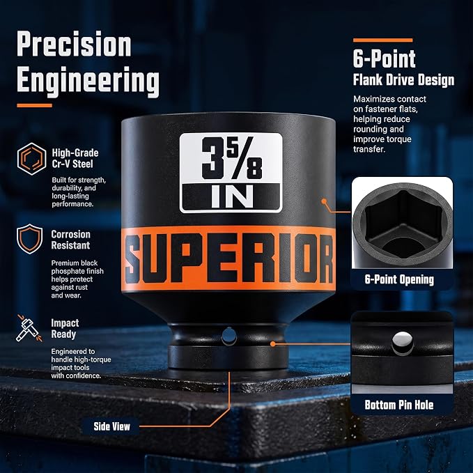 6 Piece 1”Drive Shallow Impact Socket Set, 3-1/4”-4”Axle Nut Sockets, SAE, CR-MO, 6 Point, Tools for Removing Mechanical Nuts, Large Automotive Repairs, Agricultural implement