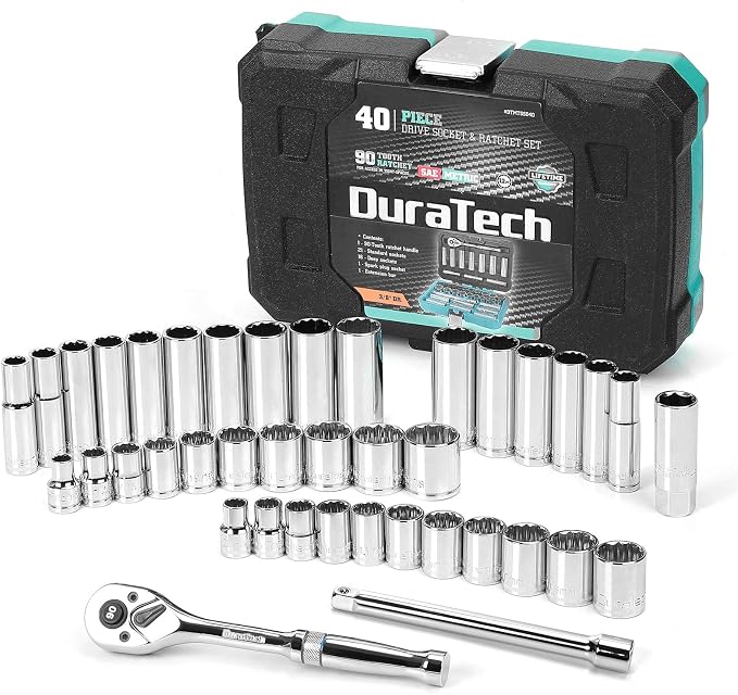 DURATECH 3/8" Drive Socket Set, 40-Piece Metric & SAE Tool Set | Includes 90-Tooth Ratchet Handle and Extension Bar for Auto Repair, Maintenance and DIY Work