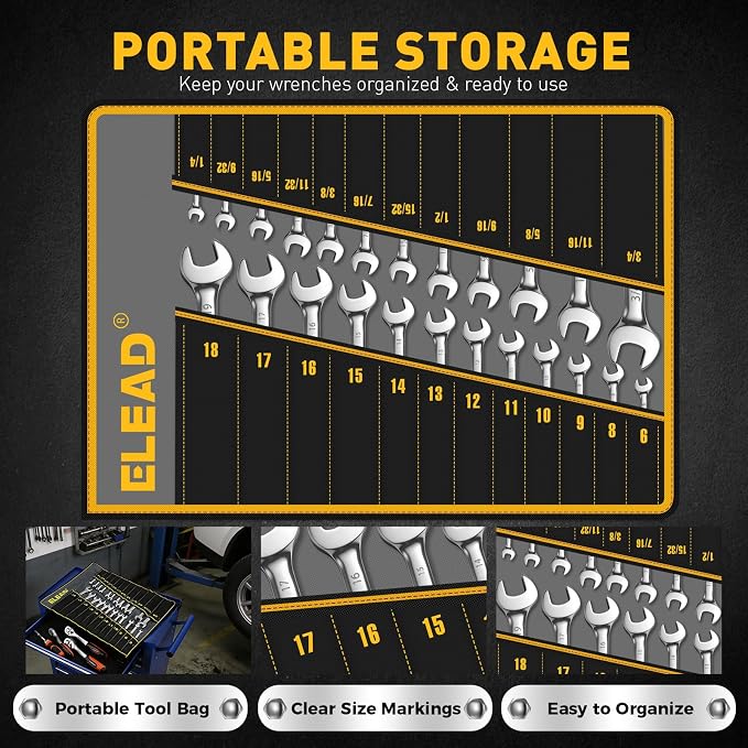ELEAD 24-Piece Ratcheting Wrench Set, Metric 6-18mm & SAE 1/4"-3/4", 12-Point 72-Tooth CR-V Steel Combination Wrenches with Tool Roll Bag and Magnetic Wrench Organizer for Automotive Repair