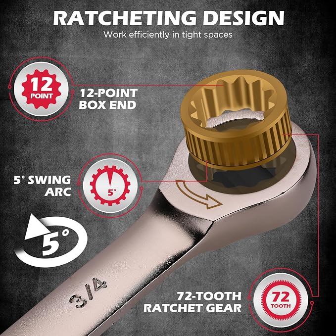 Premium 12-Piece SAE Ratchet Wrenches Set with Magnetic Organizer 1/4"-7/8", 72-Tooth Ratcheting Wrench Set, Cr-V Steel Ratchet Combination Wrench Set for Automotive, Machine Repair