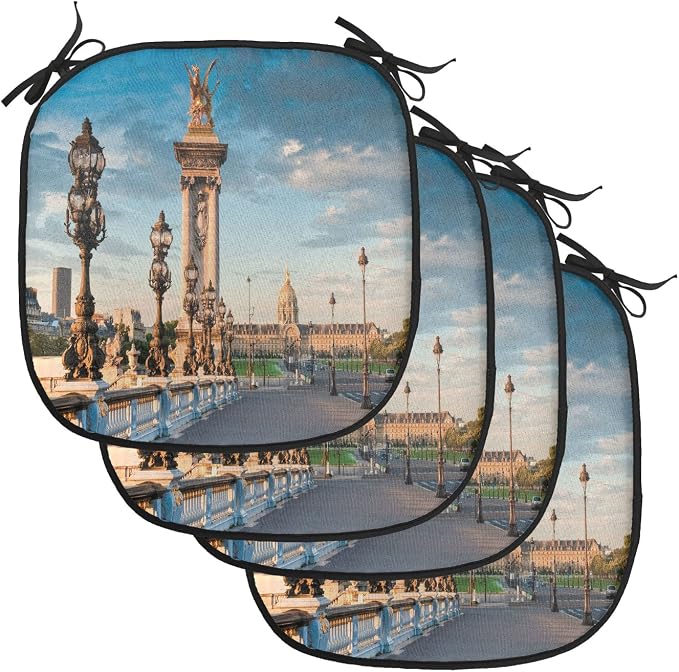 Lunarable Paris Chair Cushion Pads Set of 4, Pont Alexandre III Bridge 1896 Spanning The River Seine Ornate Art Nouveau, Anti-Slip Seat Padding for Kitchen & Patio, 16"x16", Sky Blue Ivory Brown