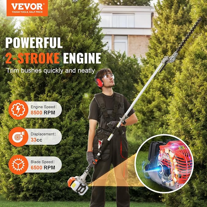 VEVOR 33CC 5-in-1 Multi-Functional Trimming Tools, Gas Hedge Trimmer, Weed Eater, String Trimmer, Brush Cutter, Edger, Pole Saw Chainsaw Pruner with Extension Pole