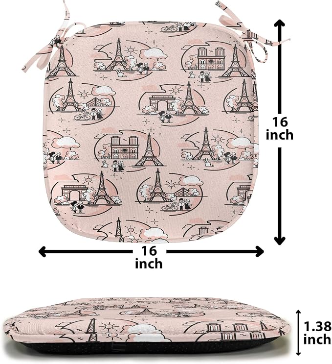 Lunarable Notre Dame Chair Seating Cushion Set of 4, Doodle Drawings of The Eiffel Tower Paris and a Couple, Anti-Slip Seat Padding for Kitchen & Patio, 16"x16", Blush Charcoal Grey