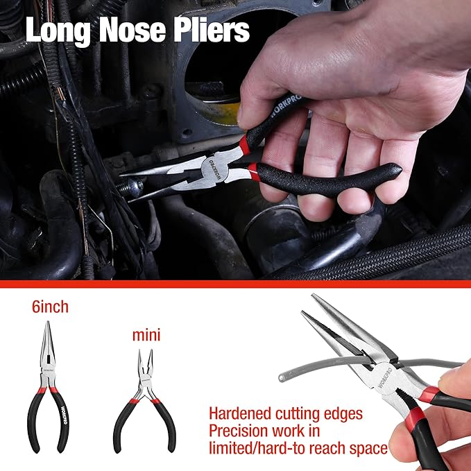 WORKPRO 7-piece Pliers Set with Groove Joint, Long Nose, Slip Joint, Linesman, and Diagonal Pliers for DIY & Home Use, Black