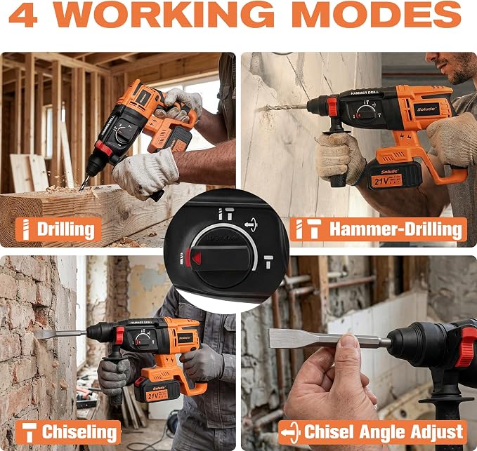21V Cordless Rotary Hammer Drill with 2 Pack 6Ah Batteries, SDS-Plus Hammer Drill for Concrete Demolition Chipping Rotomartillo Home Renovation with Brushless Motor,4 Working Modes