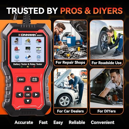 KONNWEI KW371 2-in-1 Car Battery Tester Relay Tester, 6V 12V 24V 10-2000 CCA Automotive Diagnostic Tool for Lead Acid AGM Gel EFB Lithium, Charging Cranking Analyzer for Motorcycle Truck Boat