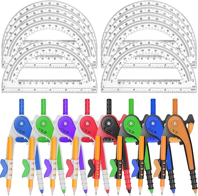 16 Pack Math Compass & Protractor Set Geometry Math 6 Inch Plastic Drawing Compass with Pencils Protractor for Geometry Bulk for Math Student Classroom School Office Woodworking Art Drawing
