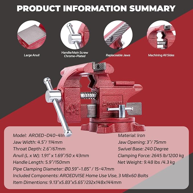 4.5"Bench Vise, 3"Jaw Opening 240° Swivel Base 2.6" Throat Depth