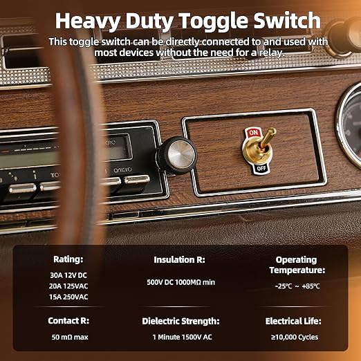 DaierTek Toggle Switch 12V with Gold Handle SPST 12 Volt 30A Heavy Duty On/Off DC Automotive Industrial Car Rocker Toggle Switch
