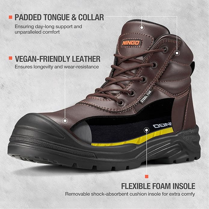 NINGO Steel Toe Work Boots for Men, Non Slip & Puncture Resistant Construction Boots with Breathable Lining, EH Protection, Comfortable Mens Safety Leather Work Shoes for Industrial, Walking Warehouse