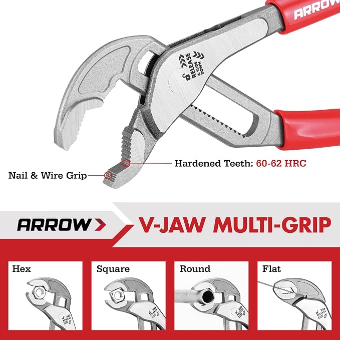 Arrow 2-Piece V-Jaw Groove Joint Pliers Set (8" & 10"), Quick Adjustable Water Pump Pliers with 18 Positions, CR-V Steel, for Plumbing, Automotive, Mechanical Repair and Household Use