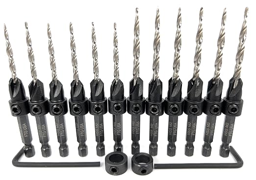 FTG USA 6 Pc #6 (9/64"), 6 Pc #8 (11/64") Countersink Drill Bit Set with Depth Stop Collar, Hex Wrench - Tapered Drill Bits for Wood