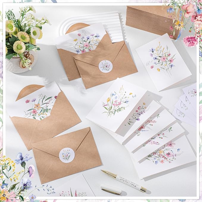 Maitys 200 Set Wildflower Blank Cards and Envelopes Bulk 4x6 Inch Blank Greeting Cards with Envelopes & Stickers 10 Elegant Designs Floral Notecards for Wedding Bridal Showers Anniversary Events