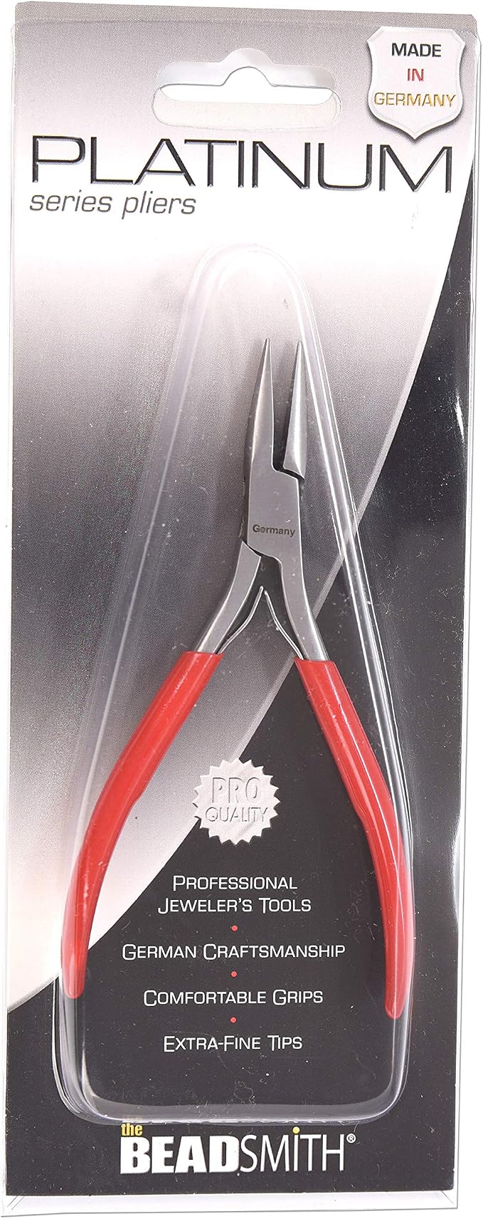 The Beadsmith Platinum Series German Chain Nose Pliers, 4.75 inches (120mm) with Polished Steel Head, red PVC Comfort Grip Handle with Double-Leaf Spring, Tool for Jewelry Making