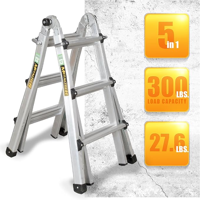 Metaltech E-MTL7000AL Jobsite Series 14-ft.-Reach Aluminum Telescoping Multi-Position Step Ladder for Home Improvement and Construction, Multipurpose Extension Ladder, Step Ladder, Scaffolding Support