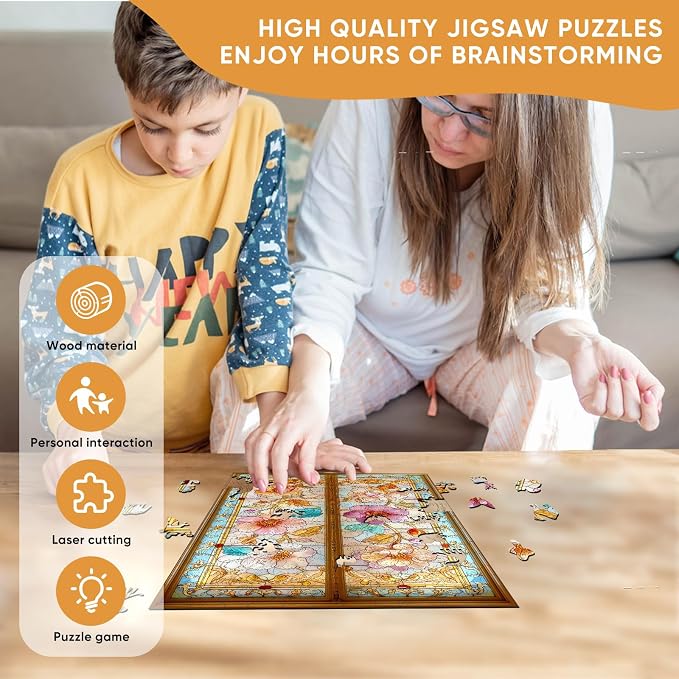 Pikoqunc Wooden Puzzles for Adults,200 Pieces Vintage Glass Floral Gate Laser-Cut Jigsaw with Premium Smooth Finish,Relaxing Art Puzzle and Elegant Wall Décor Gift for Friends, 12.8x8.7 Inches