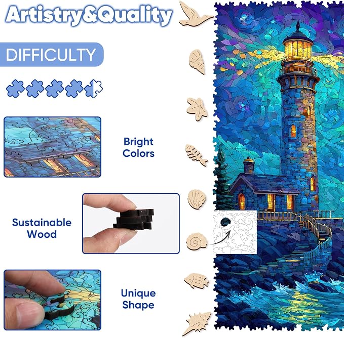 Leodozzio Wooden Puzzles for Adults 1000 Pieces, Lighthouse Wood Jigsaw Puzzle, 5mm Thick Unique Shaped Ocean Puzzle, Gift for Adults & Family Game, Home Wall Decor, 17.5x23.2 Inches