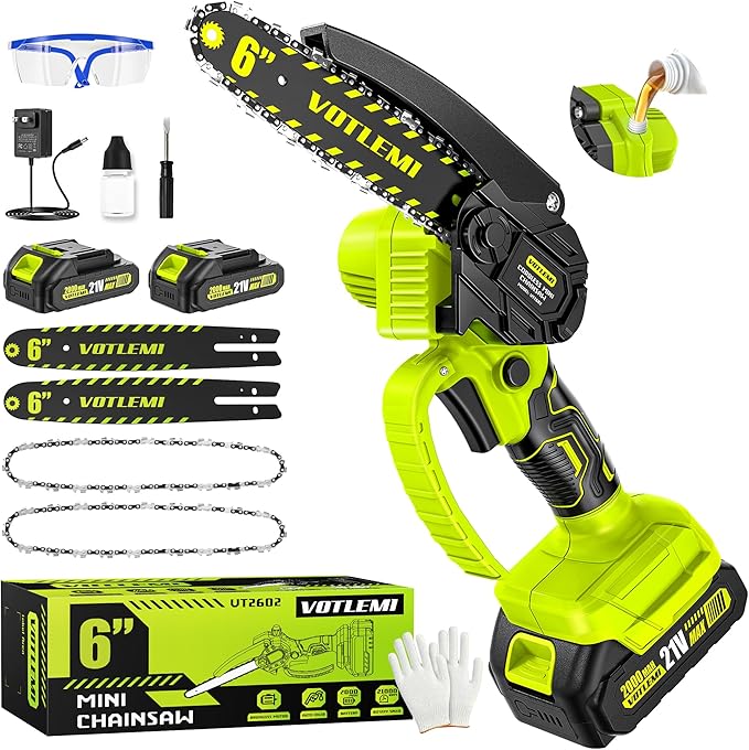 Mini Chainsaw Cordless, 6 Inch Electric Chainsaw with 2 * 2000MAH Battery, 1000W Handheld Battery Powered Chain Saw with Auto Oiler, Gifts for Wood Cutting/Tree Trimming
