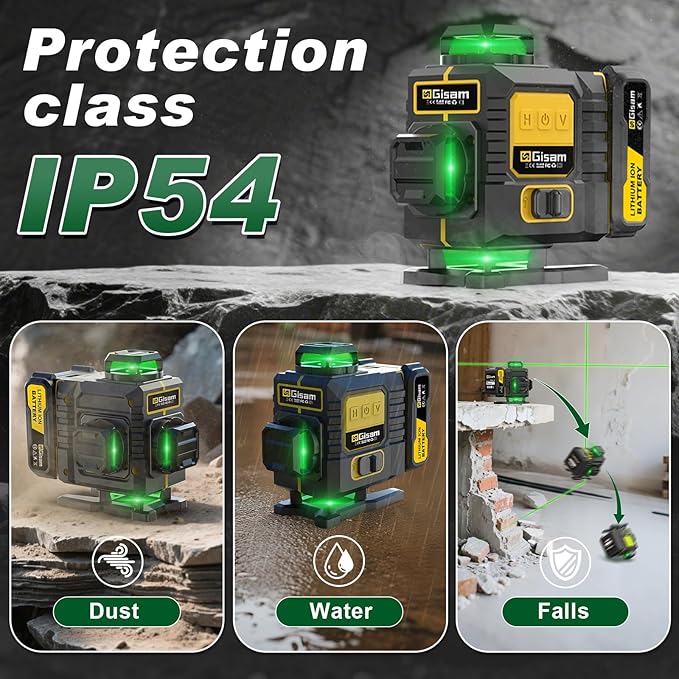 Gisam Laser Level with Tripod- 360° Rotating Window, Lazer Leveler Tool with Pulse Mode, 4D 16-Line Self Leveling Green Lazer Level with 2 * 4800mAh Batteries for Construction Tiling Home Renovation