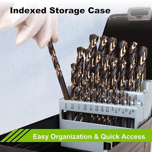 29PCS Drill Bit Set 1/16"-1/2", Black and Gold Oxide Finish Metal Drill Bits, M2 Jobber Length Twist Drill Set with Index Case for Steel, Wood, Plastic