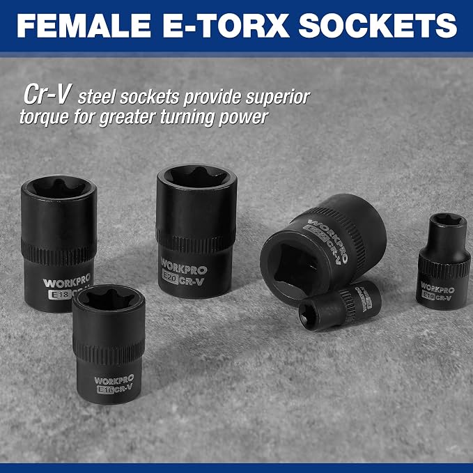 WORKPRO Torx Bit Set, 25-Piece E4-E22, T8-T60, External Torx Socket Set | 1/4", 3/8", 1/2" Drive Bits, E4-E22 e Socket Set, T8-T60 Torx Socket Set, S2 Steel Bits, CR-V Sockets, Storage Case