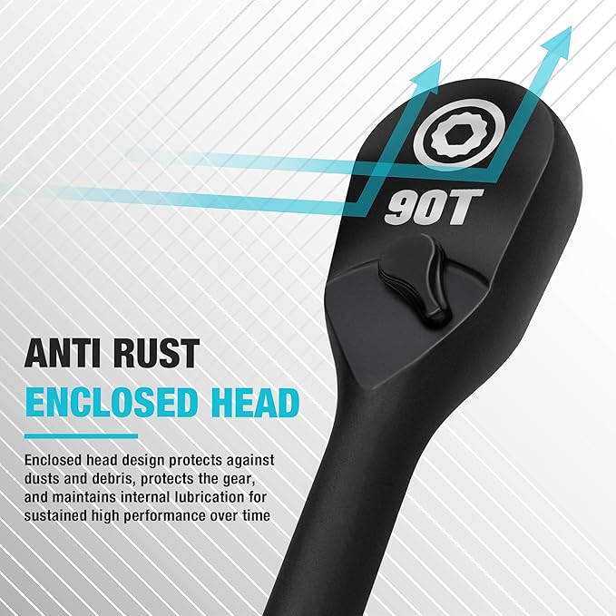 DURATECH 3-Piece Extra Long Drive Ratchet Handle, 90-Tooth Ratchet Wrench | 1/4", 3/8", 1/2" Socket Wrench with Dust Proof Teardrop Enclosed CR-MO Head, Reversible, CR-V Made, Black Mn Phosphate Finish