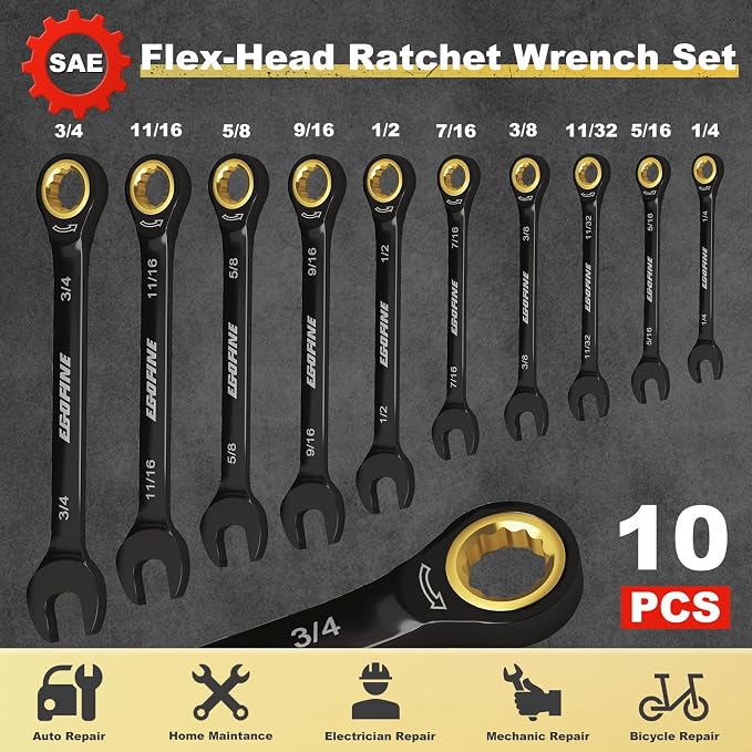 Egofine Ratcheting Wrench Set 10 Piece, SAE Wrench Set, CR-V Steel 1/4” to 3/4” Wrench, 72-Teeth Combination wrench set, Black Electrophoretic Coating Ratchet Wrenches Set with Tool Roll Bag