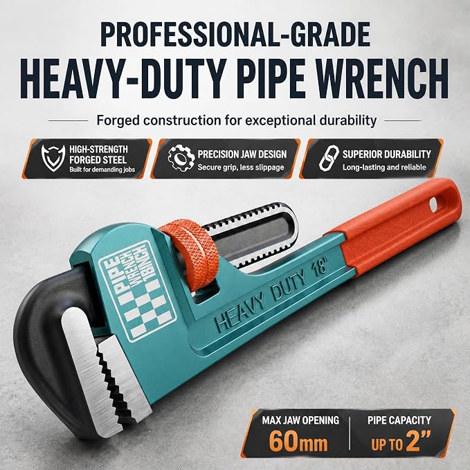 Heavy Duty Pipe Wrench, 18" Adjustable Straight Plumbing Wrench, High Drop-Forged jaws, Professional Pipeline Tool for Water Pipe Fittings, Mechanical assembly, Workshop Operations