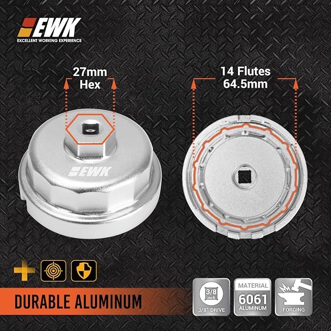 EWK 64.5mm 14 Flute Oil Filter Wrench with 4-Slot Grip, Forged Aluminum Removal Tool for Toyota Camry, Tundra, Tacoma, Lexus 2.0L - 5.7L Engines