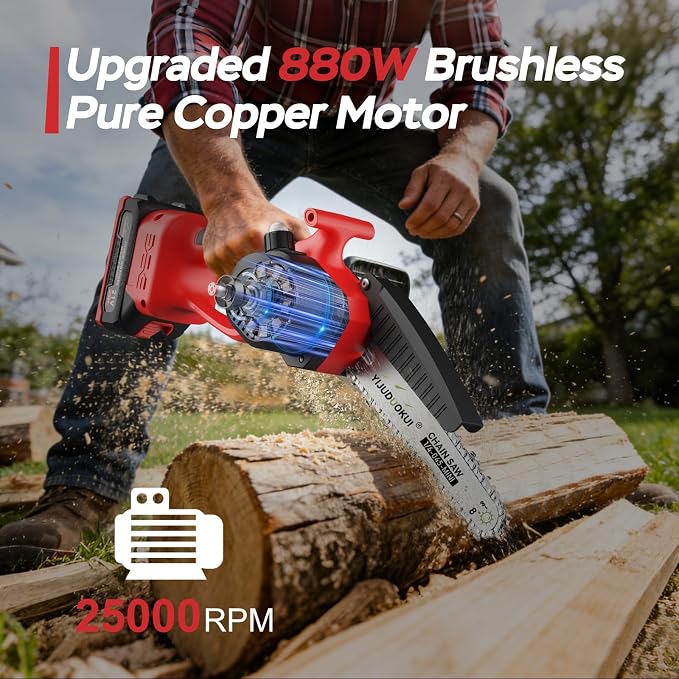 8" Brushless Mini Chainsaw with 2 Batteries | 8 Inch Cutting Bar Brushless Motor 2 Batteries Included Tool-Free Chain Tensioning Safety Lock and Guard