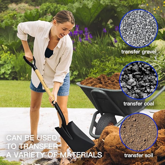 KOLEIYA Flat Shovel,Transfer Shovel with D Handel and Heavy Duty Square Head for Landscaping,Gardening,Construction,Snow Shoveling and Yard Work,41-Inch,Metal+Wooden