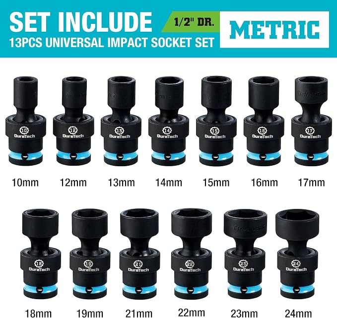 DURATECH 1/2" Drive Impact Swivel Socket Set, 13 Pcs Shallow Wobble Sockets | 10-24mm, Metric, Universal Joint Socket Set, Cr-Mo Steel, 6 Points, Organized in Sturdy Storage Case