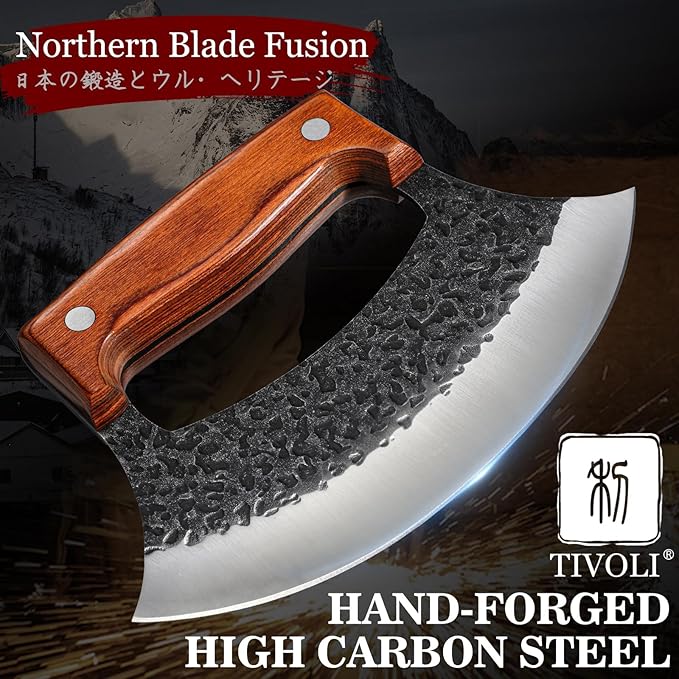 TIVOLI Hand-Forged Ulu Knife – Full Tang High Carbon Steel, Japanese-Inspired with Sheath & Gift Box, Mezzaluna Rocker Knife & Pizza Cutter for Kitchen, Camping&BBQ - Gifts for Men and Women