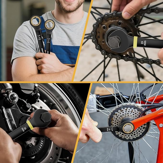 GRENPRO 9PC Metric Ratcheting Wrench Set 8-19mm Long Combination Open End | Includes Bolt Gauge, Electro-Coated CR-V Steel, 72-Tooth 5Deg Swing 12Pt Color Rings, Roll Pouch for Auto & Home Repair