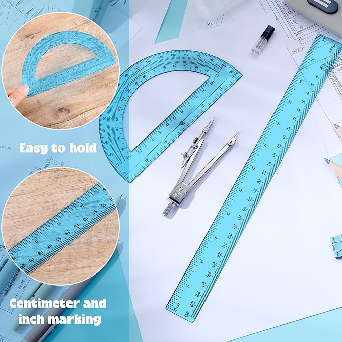 Zonon 3 Pcs Plastic Ruler 6 Inch Protractor Drawing Compass Set, Student Geometry Math Transparent Measuring Tools for Home School Classroom Office Supplies(12 Inch,Blue)