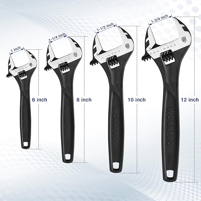 WORKPRO 4-piece Adjustable Wrench Set, 6-inch, 8-inch, 10-inch, 12-inch, Cr-V Steel, Corrosion-Resistant Black Oxide Finish for Automotive Plumbing and Household Repairs