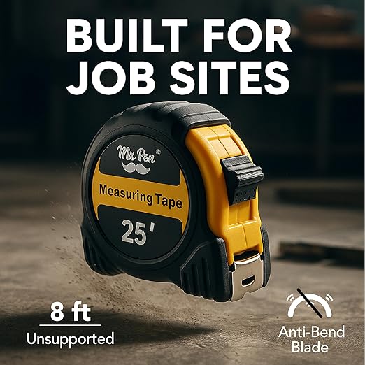 Mr. Pen- Retractable Tape Measure 25 ft, Yellow, Easy Read, Steel Retractable Measuring Tape with Fractions, Ideal for Construction & DIY Projects