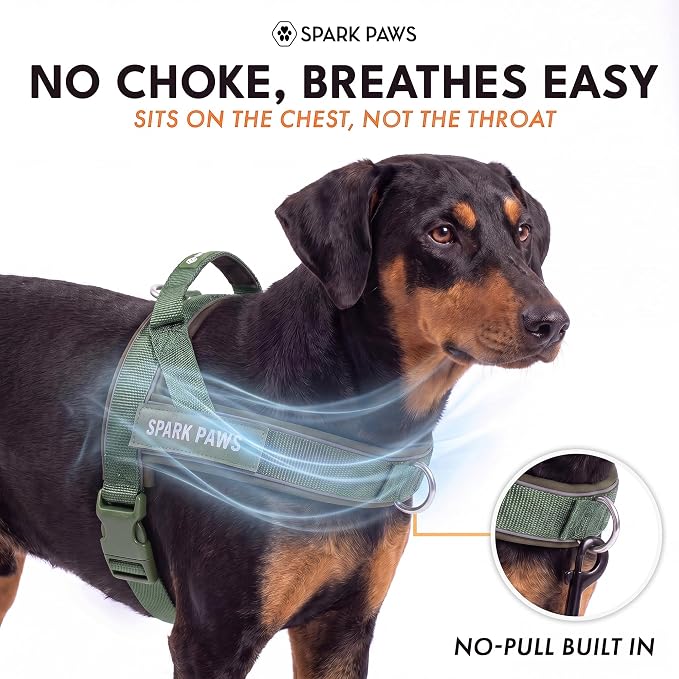 Spark Paws No Pull Front Clip Dog Harness - Easy On, Padded and Lightweight | Two Clips, On in Seconds, Chest Bearing, Australian Style, No Throat Pressure, for Small Medium and Large Breeds