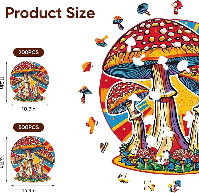 Mys Aurora Mushroom Wooden Puzzles for Adults, 500 Piece Unique Shaped Wood Jigsaw Puzzles for Adults and Kids, Fun Challenging Puzzles Family Game Gift, 15.9'' x 16.7''