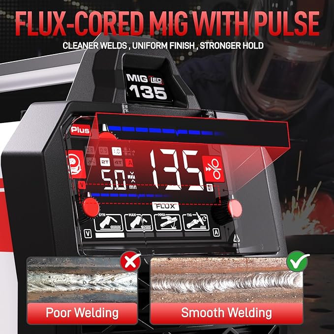 ANDELI 135A MIG Welder 110V/220V, PULSE Flux Core MIG/Lift Tig/Stick 3-in-1 Gasless MIG Welding Machine with Synergy，Large LED Display,2T/4T Full Kit (Bonus Welding Helmet & Gloves)