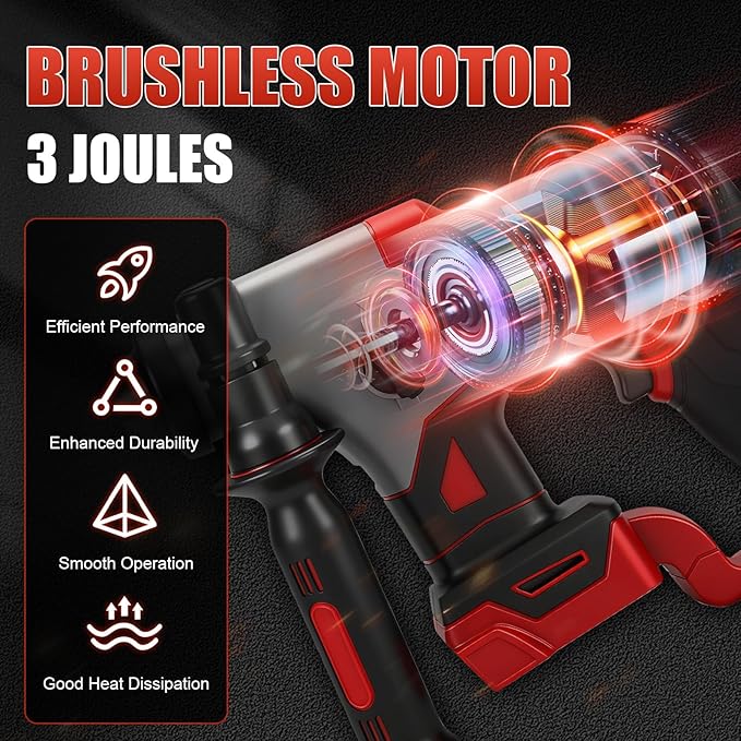 SDS-Plus Rotary Hammer Drill for Milwaukee M18 Battery, 3J Impact Brushless Rotary Hammer with 2 Mode Operation, Cordless Hammer Drill with 3 SDS Plus Bits & Chisel Set (No Battery)