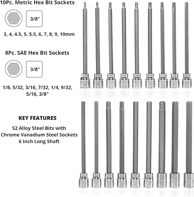 NEIKO 10079A Extra Long Allen Hex Bit Socket Set, 18 Piece SAE and Metric Allen Socket Set, 3/8 Drive, 1/8" – 3/8 Inch & 3mm – 10mm, 6” Long Allen Hex Socket Bit Set, Allen Head Hex Key Socket Set …