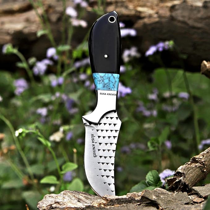 Custom Handmade 7'' fixed blade hoof rasp knife Cow boy knife Turquoise Handle Damascus steel Bull cutter, cowboy knives with pancake leather sheath (BLACK HORN)