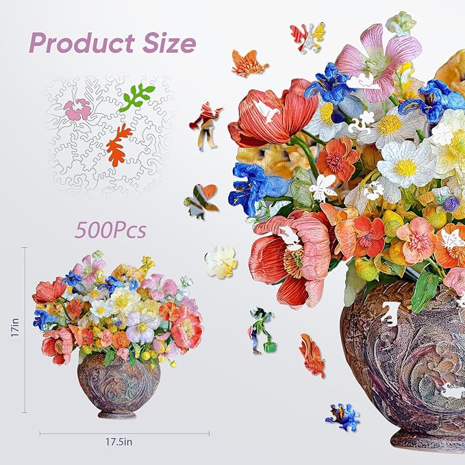 Delobil Flower Wooden Puzzles for Adults, 500 Pieces Vase Jigsaw Puzzles, Unique Shaped Wood Puzzle Birthday Gift for Mom Adults and Kids, Family Game 17.5'' x 17''