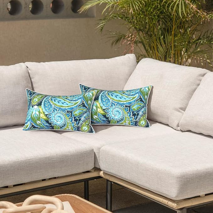 LVTXIII 2 Pack Outdoor Lumbar Pillows 12x20 Inch with White Piping, Fade Resistant Support Throw Pillows with Inserts for Patio Furniture, Sofa, Chair, Paisley Lapis Green