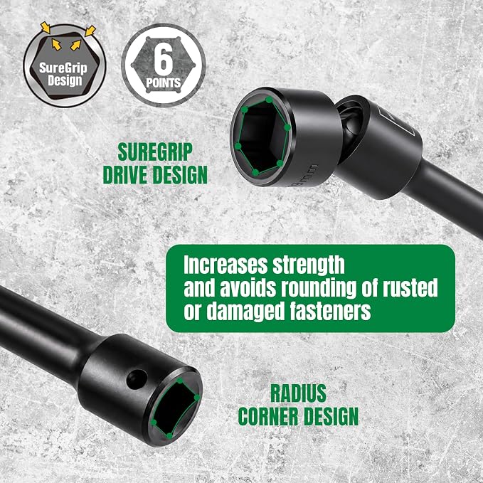 SK 3/8'' Drive Pinless Universal Impact Extension Socket Set, CR-Mo Steel | 360° Swivel, Metric 6-Point 10-19mm Wobble Socket, 10-Piece, Exceeds ANSI/ASME by 1.3X Torque, 10'' Long Reach Torque Saver