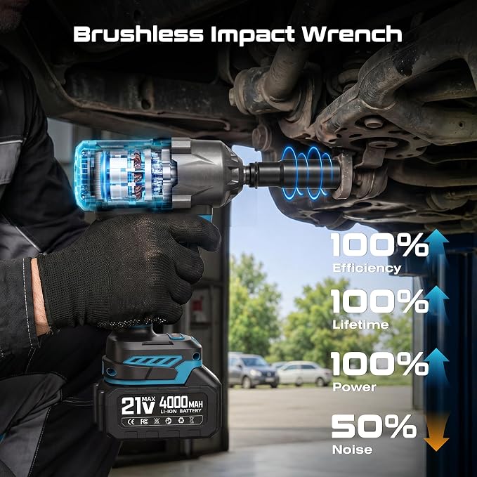 Impact Wrench 1500N.m(1106Ft-lbs) Brushless, 1/2 High Torque Impact Gun with 2x4.0Ah Batteries, Cordless Impact Wrench, 4 Variable Speeds, 3500RPM Impact Driver for Car/Heavy Truck/Pickup