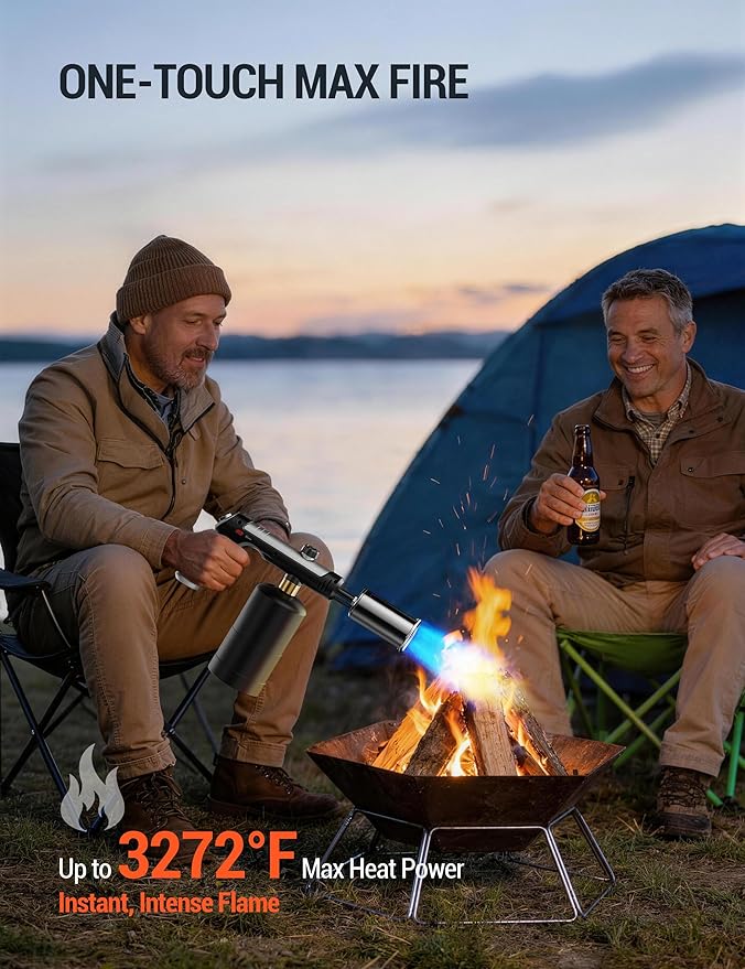 ThermoMaven Propane Torch with One-Touch Max Fire, Cooking Blow Torch Gun with Safety Lock, Charcoal Lighter, Flame Thrower, Gas Welding Kit Kitchen Food Torch Head for Grill, Sous Vide, BBQ, Black