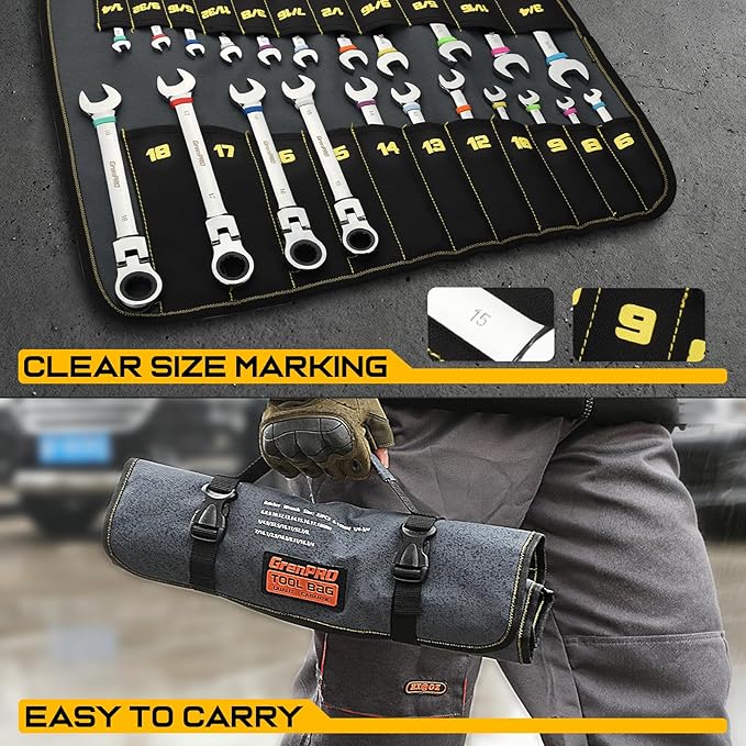 GRENPRO Ratchet Wrenches Set, 23PC Flex Head Ratcheting Wrench Set Metric and Standard & SAE, 6-18mm & 1/4" to 3/4" with Color Ring, CRV Open End Tool Organizer Pouch, Combination Ratchet Wrench Sets